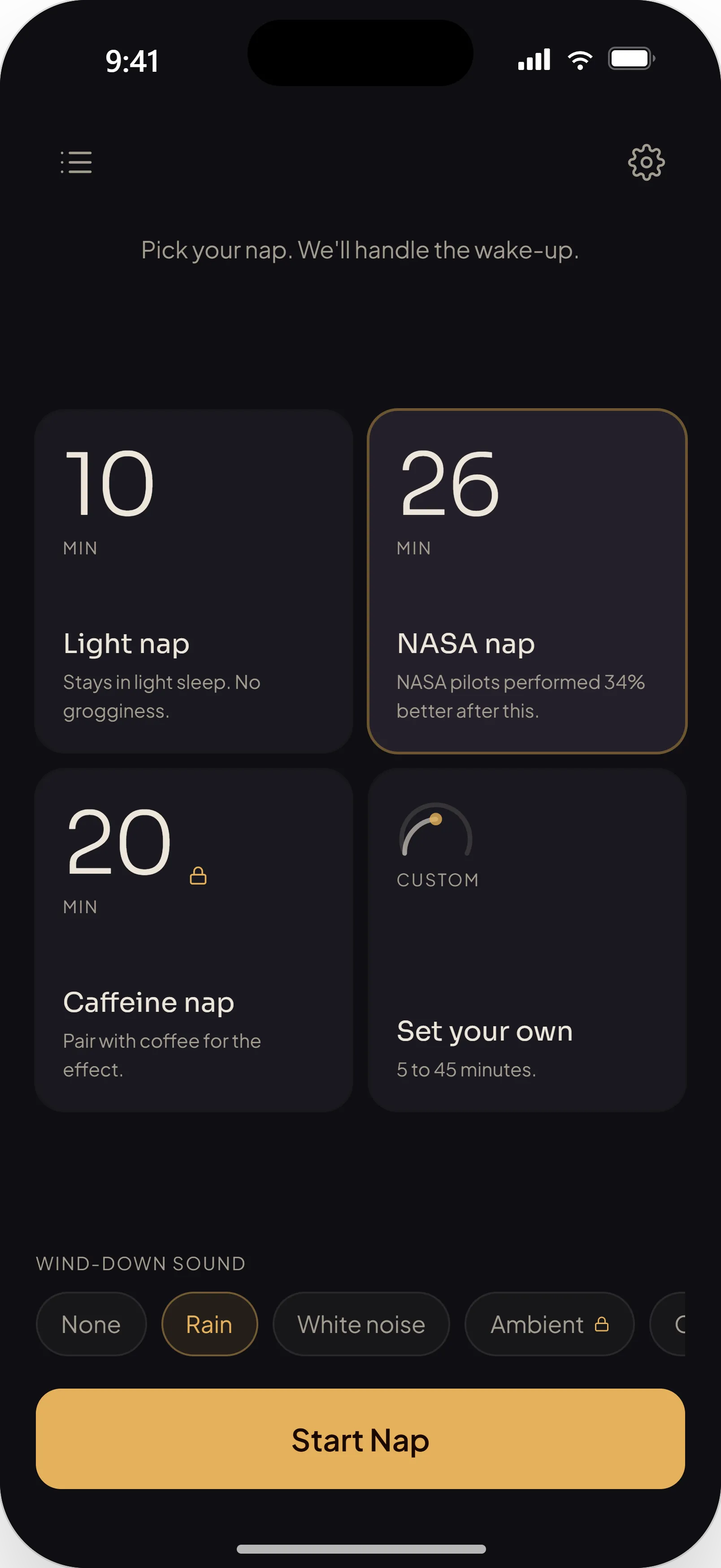 NapWise home screen — pick a 10, 20, or 26-minute nap
