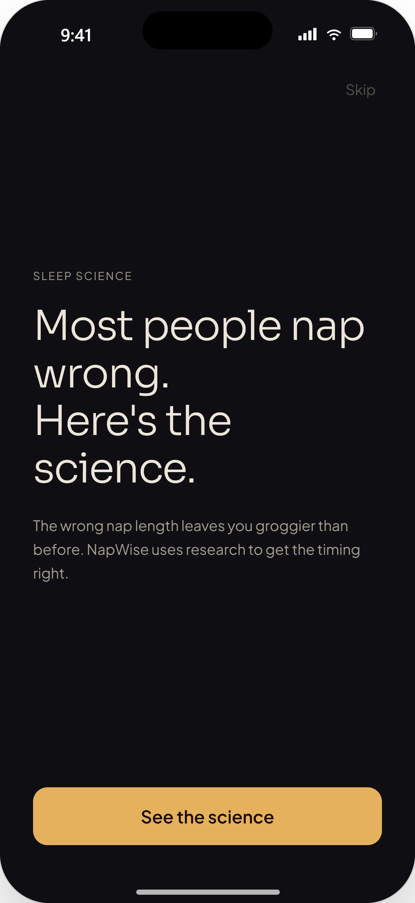 NapWise onboarding — most people nap wrong, here’s the science